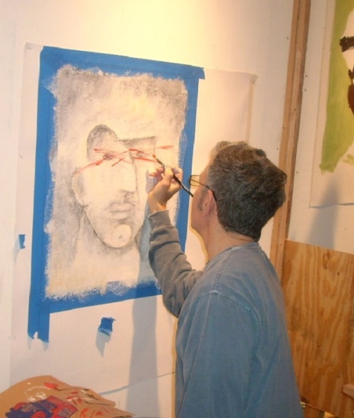 Paul painting a self-portrait at Open Canvas. He is shown making the red slashes that signify the pain of his loss of vision.